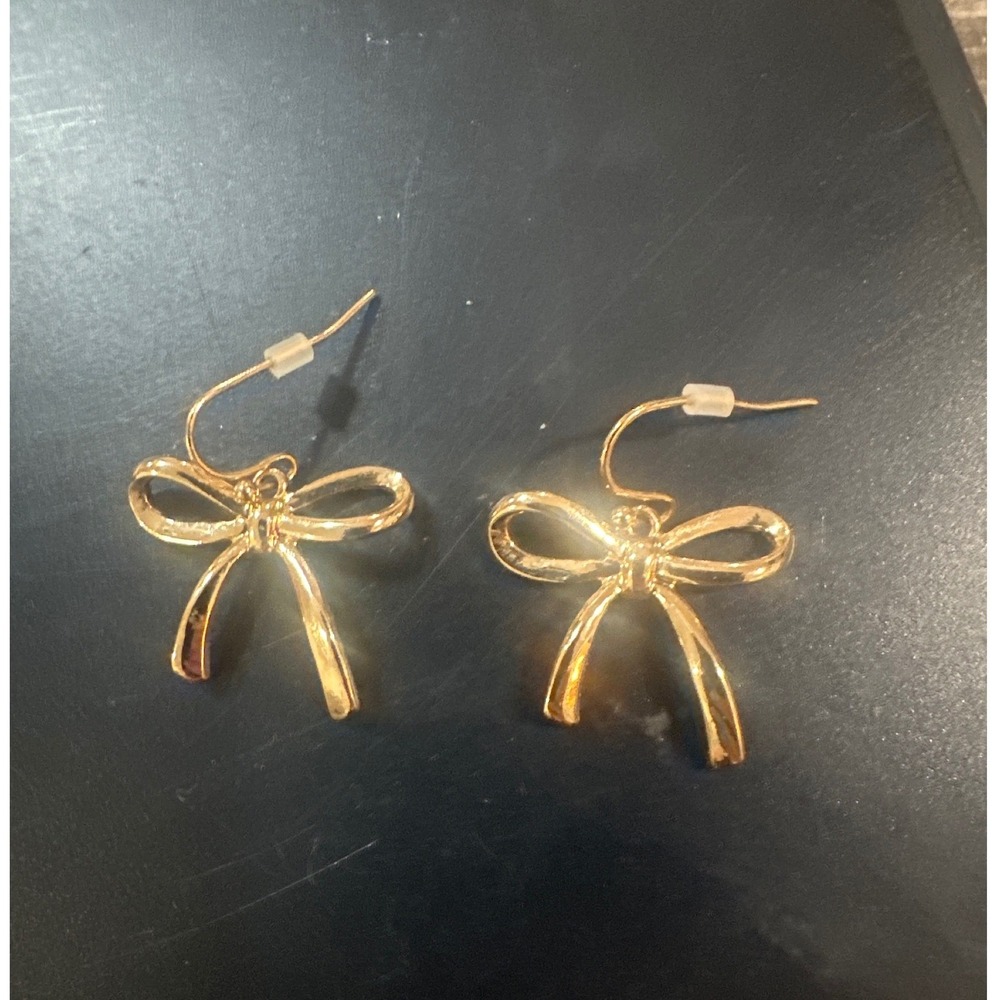Gold Tone Bow Drop Earrings Dainty Ribbon Design Women Fashion Jewelry Accessory